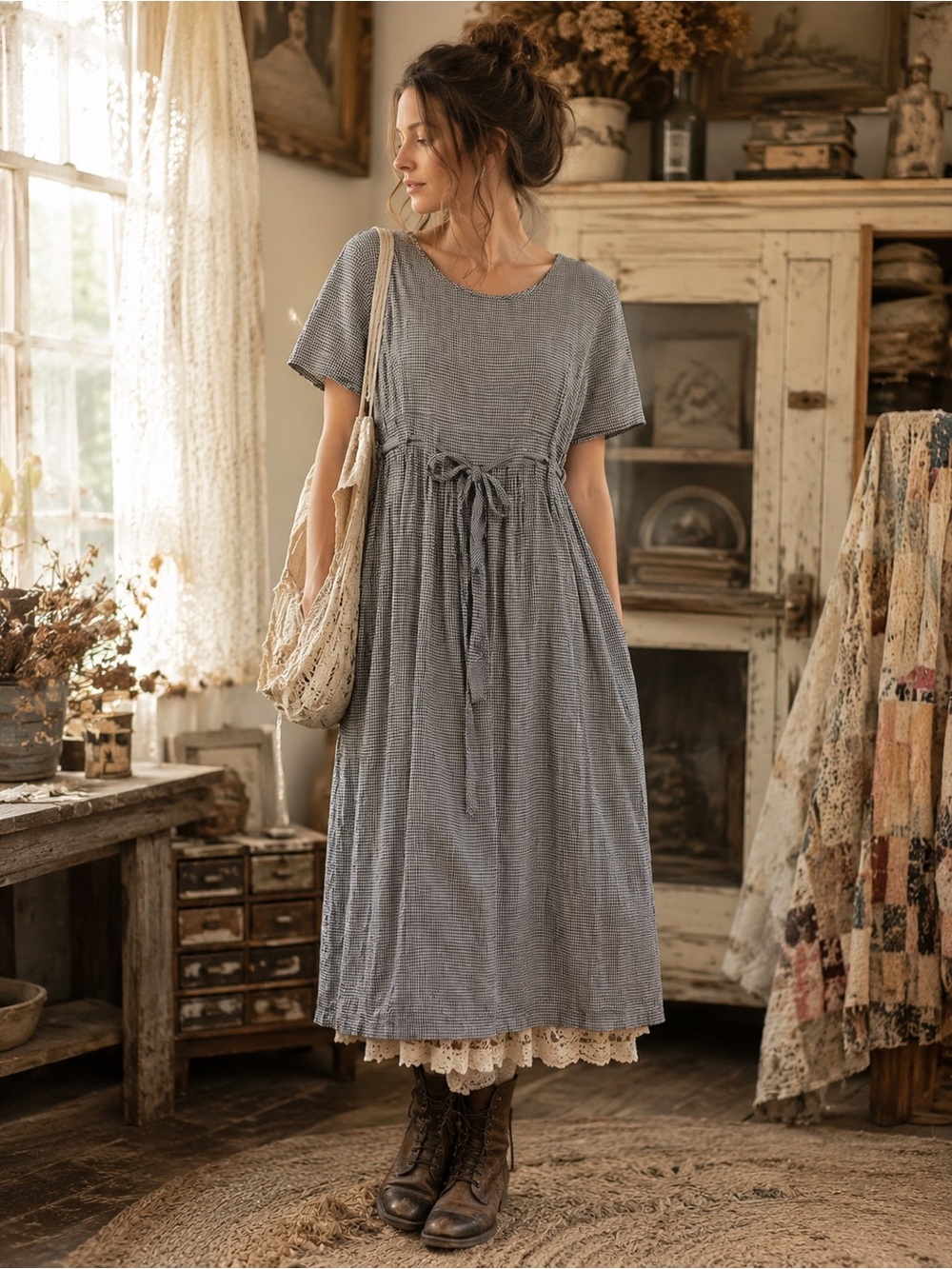 Vintage Betsy’s Things Black & White Gingham Prairie Midi Dress|